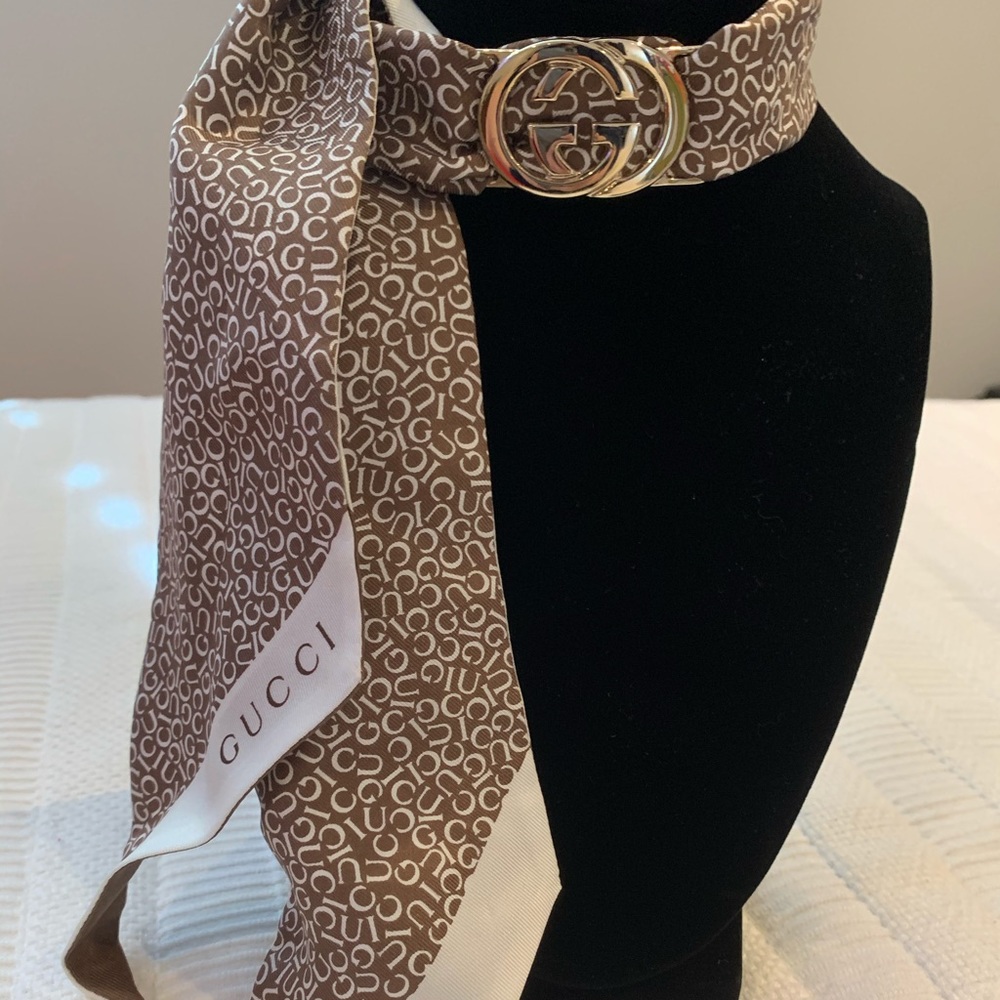 Gucci Silk Neck/Hair Scarf Brass Logo Ring Box